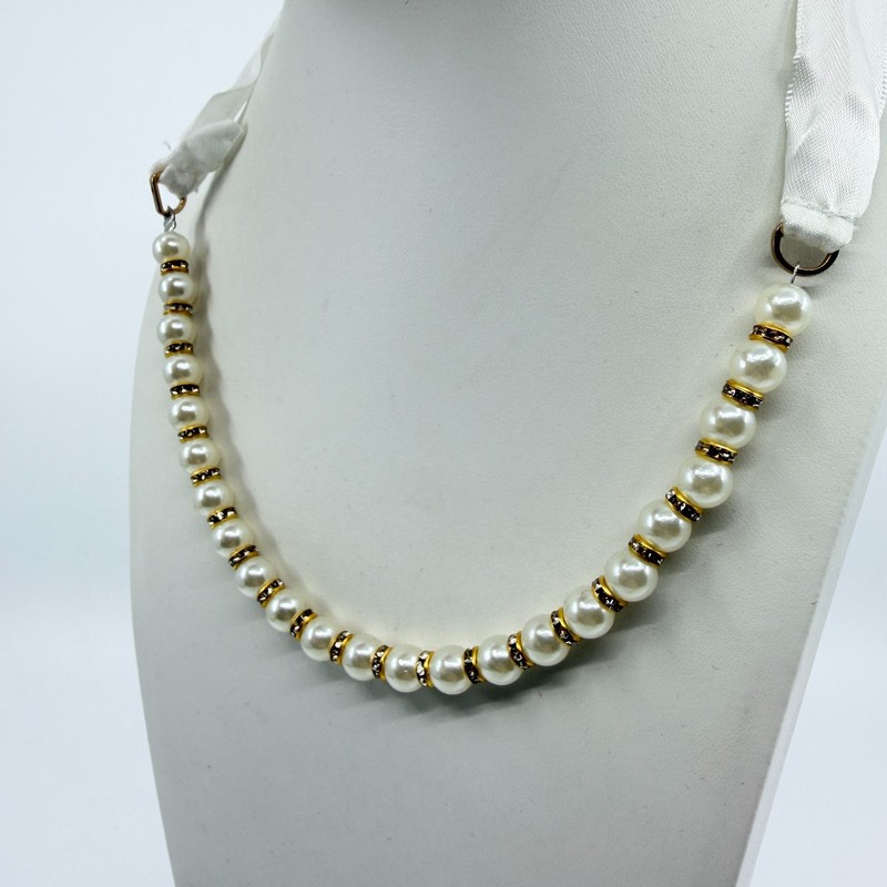 Vintage Y2K Faux Pearl Rhinestone Rondelle White Satin Ribbon Choker Necklace gallery