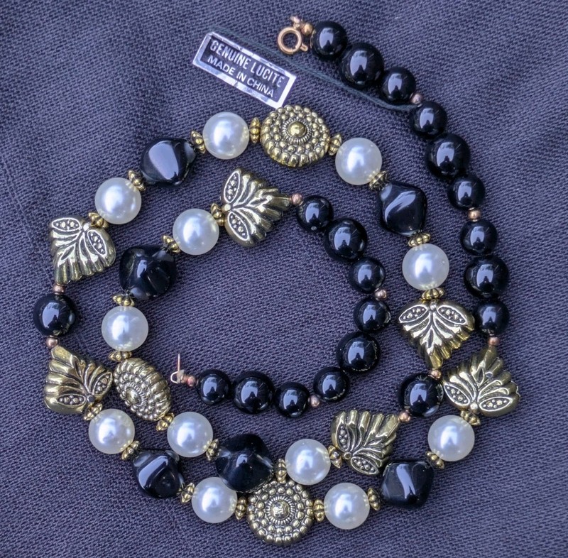 Vintage Genuine Lucite 28″ Black, White & Gold Chunky Beaded Necklace NOS C77