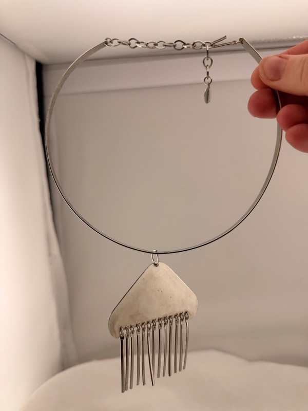 Vintage Modernist Silver Tone Fringe Choker Necklace Statement Collar Bib