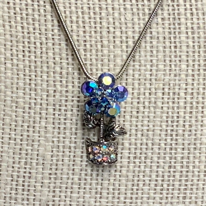 Adult Jewels Pendant Necklace 16 In Blue Rhinestone Flower Pot Silver Chain Glam gallery