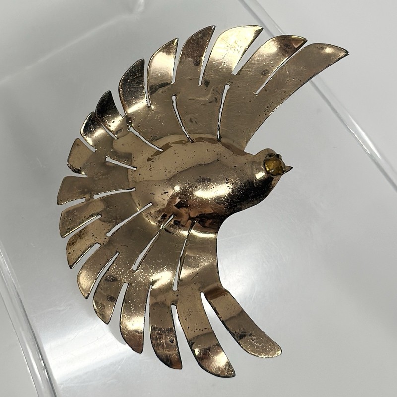Vintage Rose Gold Vermeil Sterling Silver Flying Bird Yellow Eye Brooch Pin 3”