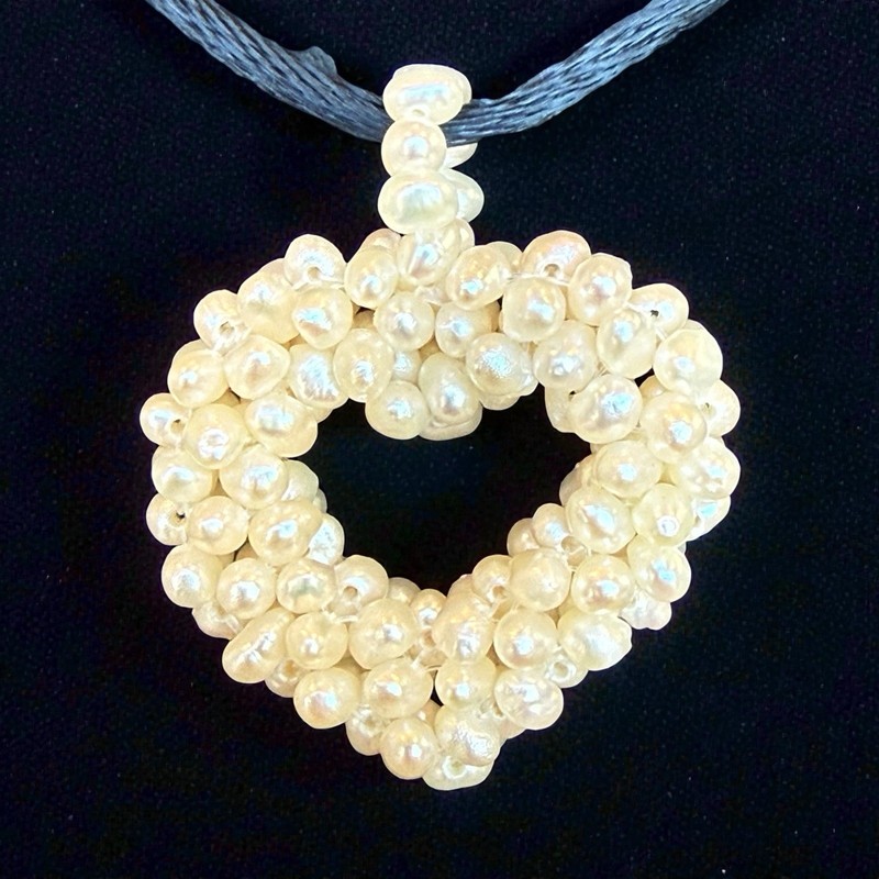 Vintage Freshwater Pearl Heart Shaped Pendant On Black Satin Cord Necklace