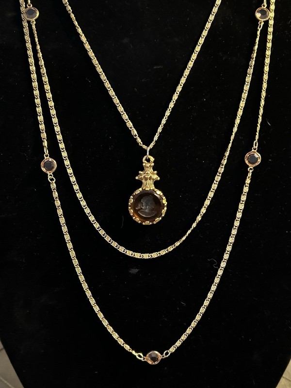 Vtg Goldette Necklace Gold Tone 3 Strand Glass Intaglio Cameo Victorian Revival gallery