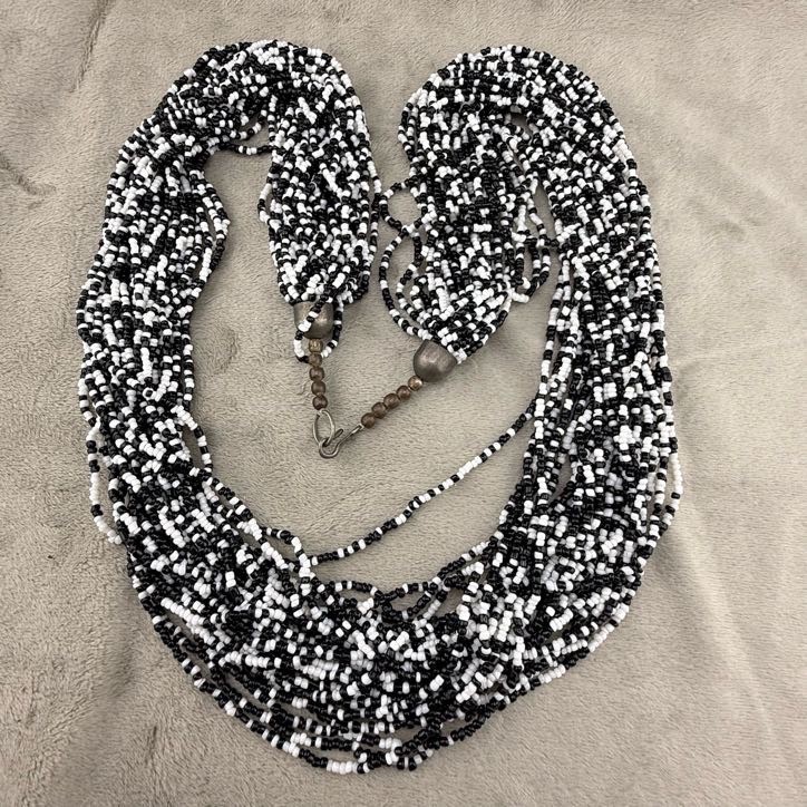 Vintage Beaded Layered Necklace Seed Bead Black and White 32”