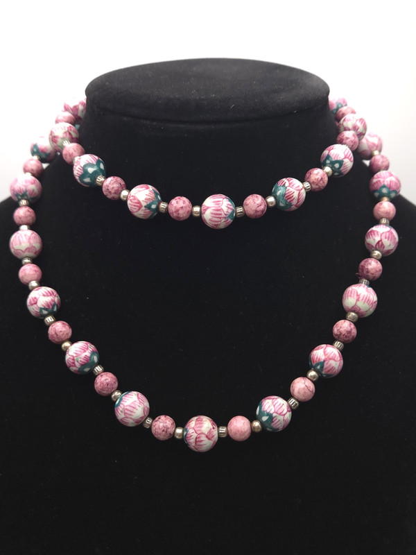 Vintage Hand Painted Floral Lotus Flower Pink Ceramic Beads Beaded Necklace 33″