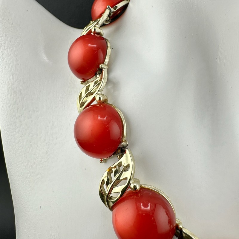 Vintage Moonglow Thermoset Necklace Bracelet Set Cherry Red Gold Tone Leaves gallery
