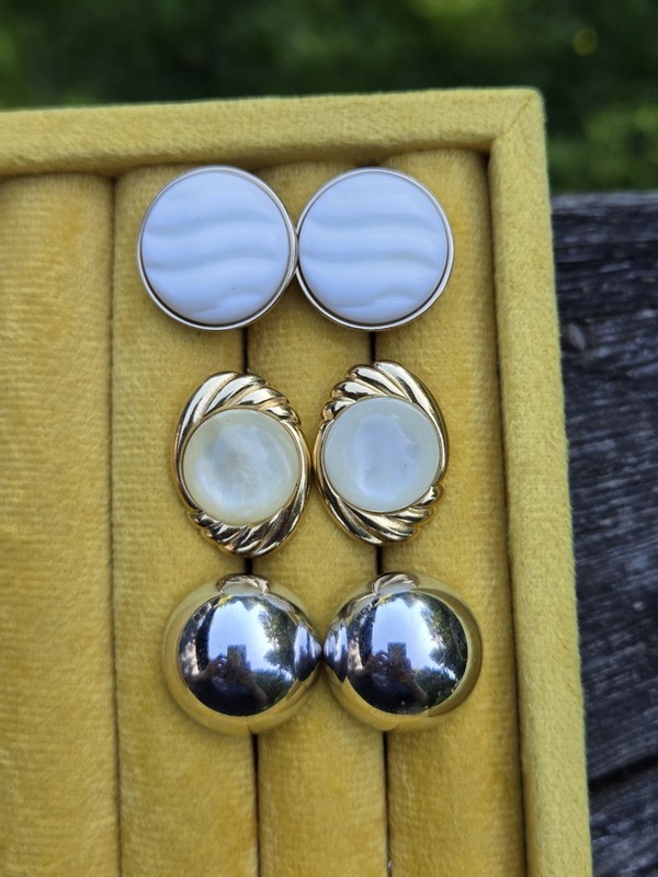 Vintage Monet Clip On Earrings Studs Gold Silver Tone White Lucite Dome Lot