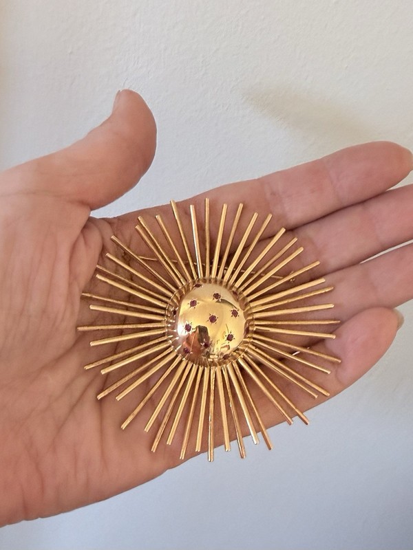 Huge 2 3/4” 14K Yellow Gold Vintage Atomic Starburst MCM Ruby Brooch Pin 34 G