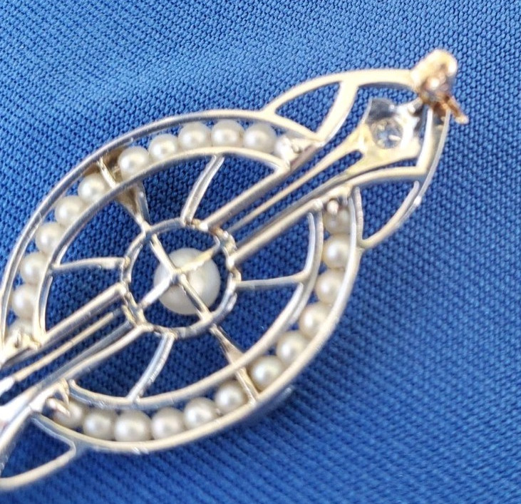 Original EARTH MINED DIAMOND Deco Brooch Gatsby era Vintage Pearl SOLID 14K GOLD gallery