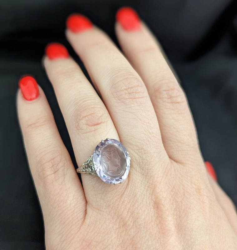 Art Deco Era Amethyst Intaglio 18k White Gold Cocktail Ring Cameo Vintage 1920s gallery