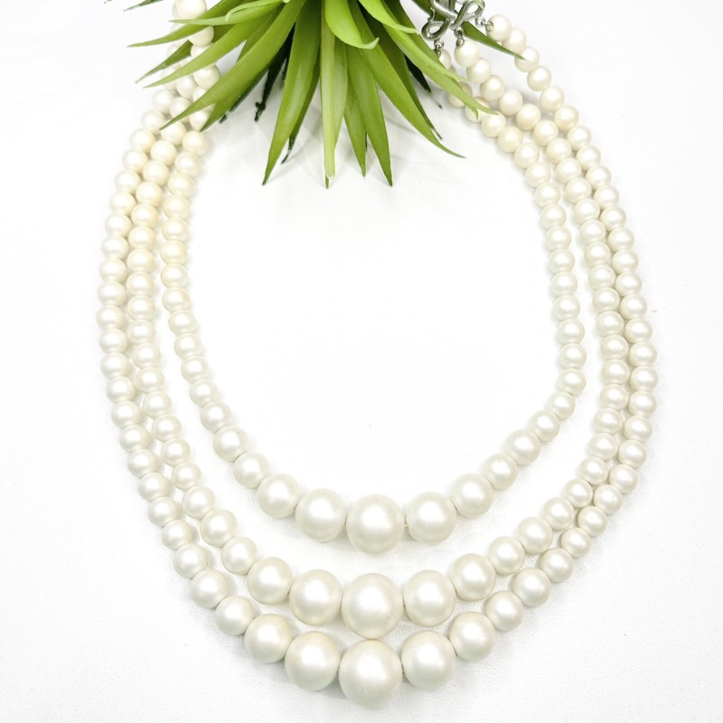Vintage 60’s Satin White Faux Pearl Plastic Three Tier Beaded Necklace, 18″-21″