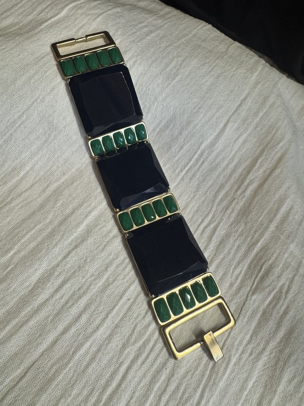 Vintage Statement Bracelet Navy Blue And Green Cabochons Matt Gold Finish