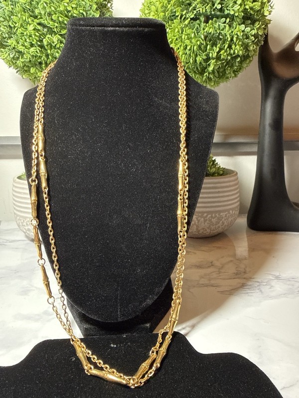 Vintage Gold Tone Bamboo Link Long Necklace 54” Statement Chain Lot#1154