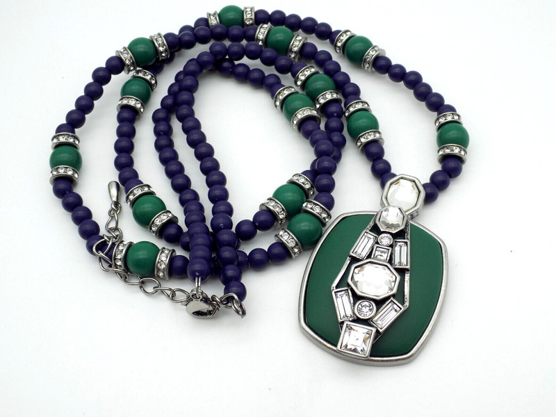 40” Long Lia Sophia Navy Blue & Green Bead Rhinestone Pendant Necklace Deco