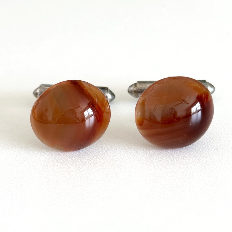 Vintage Round Agate Stone Silver Tone Bullet Back Cuff Links