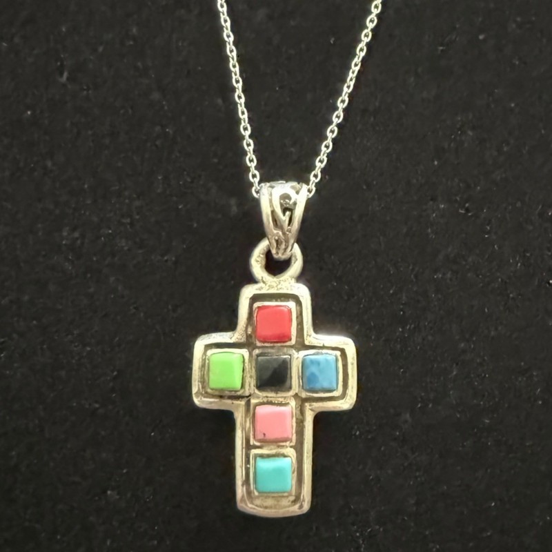 Vintage Cross Pendant Necklace Sterling Silver Turquoise Colorful Rainbow Stones gallery