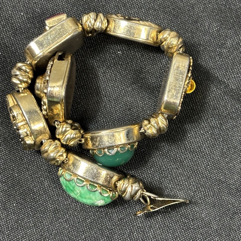 Vintage Marino Slide Bracelet Victorian Revival Glass Cabochon Red Green 7-1/8" gallery