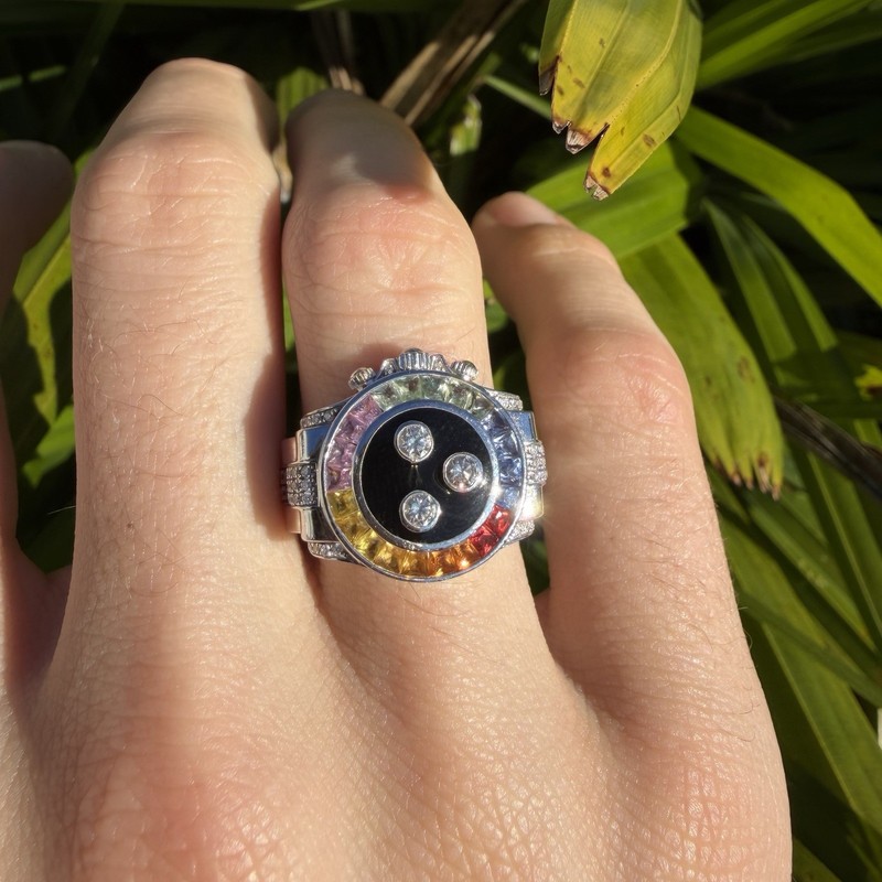 14K White Gold Diamond Black Enamel Rainbow Sapphire Daytona Style Men’s Ring