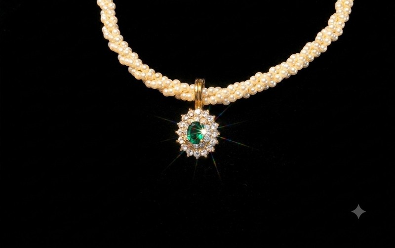 1980s Faux Pearl Choker With Emerald Green Stone And Rhinestones gallery
