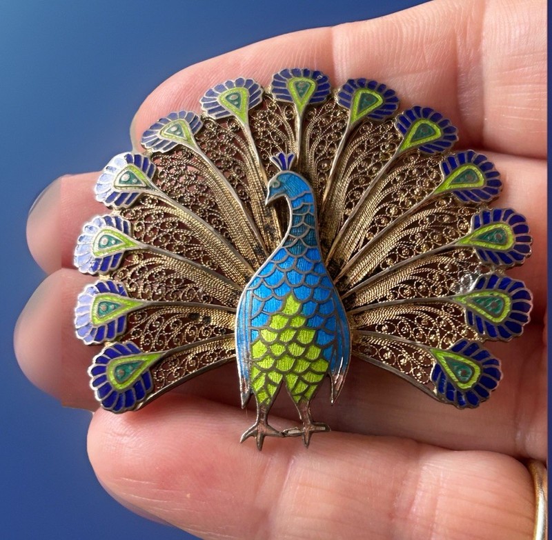 Vtg Gold Vermeil Sterling Silver & Enamel Peacock Brooch Pin – Made In Portugal