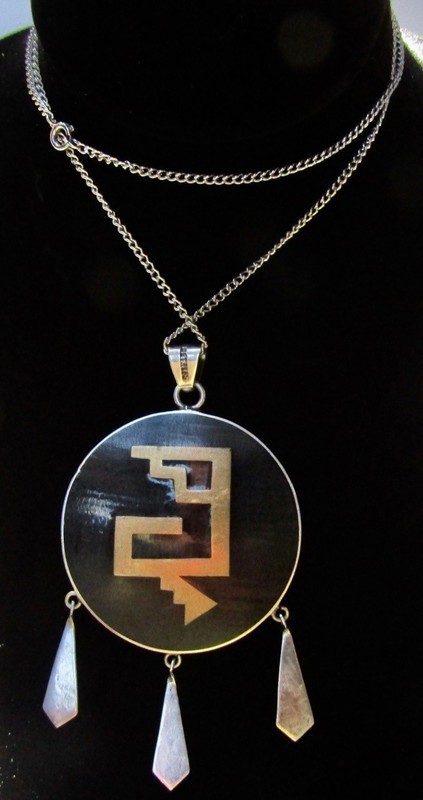 Vintage Sterling Silver Taxco Mexico Metales Casados Double Sided Pendant Aztec