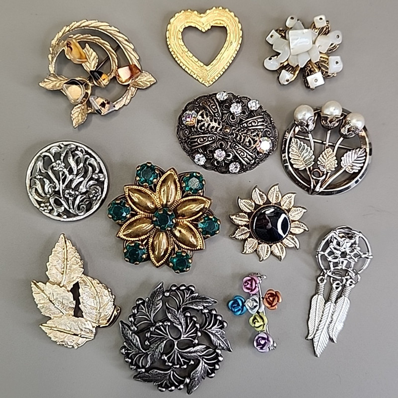 Vintage Brooch Lot of 12 Flower Cross Rhinestones Heart Leaves Dreamcatcher