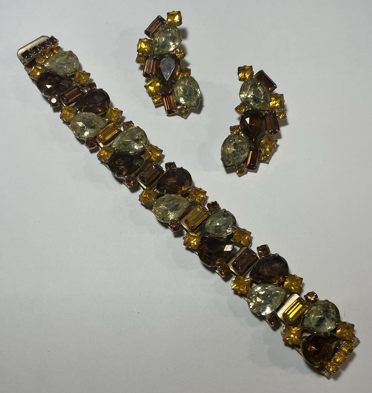 Vintage 1950s Julianna Amber & Brown, Gold Rhinestone Bracelet , Earrings Repare