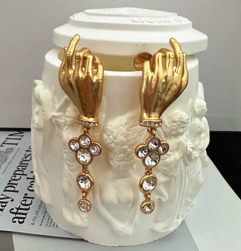 Schiaparelli Gold Hand Crystal Drop Clip Earrings