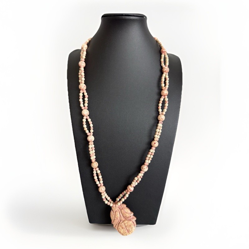 Vintage Jasper Carved Stone Figural Pendant & Continuous Bead Necklace 30" gallery
