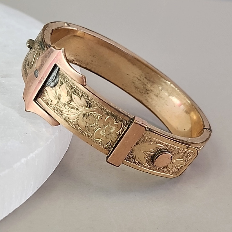 Antique B & B Victorian Belt Bracelet Hinged Buckle Etched Gold Filled 5.75″