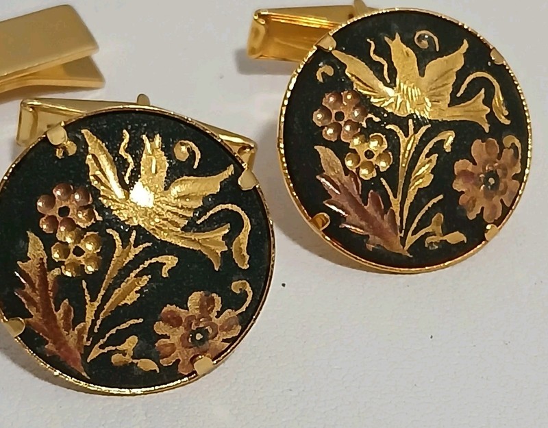 Vintage Damascene Spain Bullet Back Cufflinks And Tie Bar