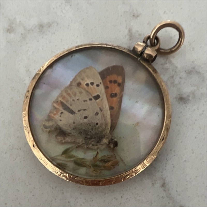 Vintage Butterfly Round Pendant Gold Glass Keepsake Animal Theme