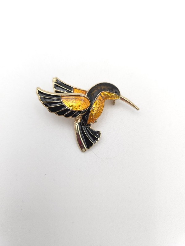 Hummingbird Brooch Black & Gold Yellow Enamel Gold Tone Brooch Pin