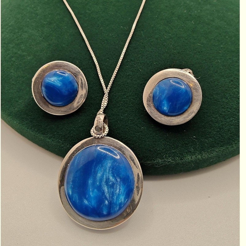 Vintage Taxco Sterling Silver Blue Turquoise Necklace Earrings Ring Set Mex 925