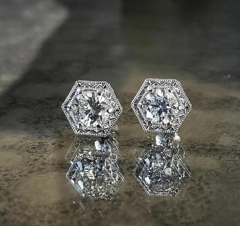 Art Deco Style Round Cut Lab Created Diamond 14K White Gold Finish Stud Earrings gallery