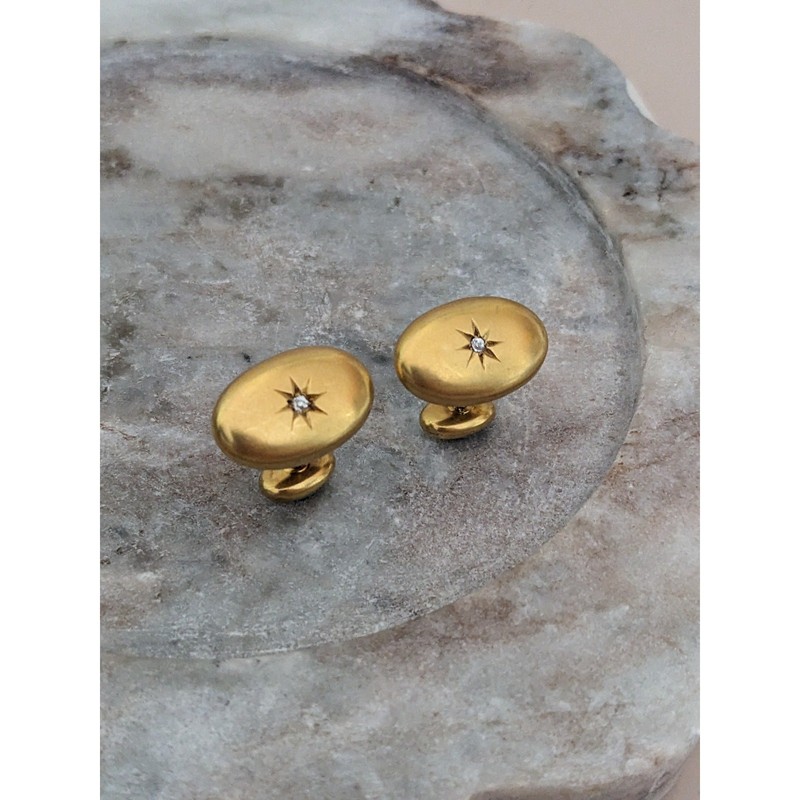 Vintage Unmarked 10k Yellow Gold Cuff Links with Tiny Starburst Accent Stones gallery