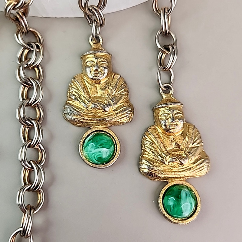 Vintage Lariat Necklace Green Acrylic Multi-tone Double Cable 46" gallery