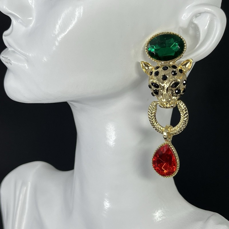 Gold Tone Lion Door Knocker Earrings Pierced Jaguar Cat Red Green Statement Drop gallery