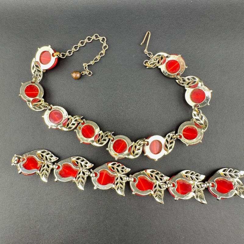 Vintage Moonglow Thermoset Necklace Bracelet Set Cherry Red Gold Tone Leaves gallery