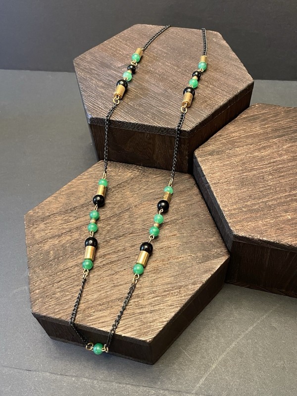 Vtg signed Freirich Necklace Navy Blue Green Lucite Beads PREPPY Classic