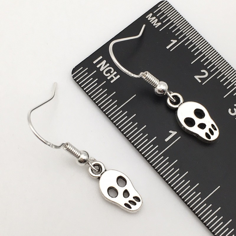 Silver Tone Costume Dainty Skull Hook Dangle Earrings #24