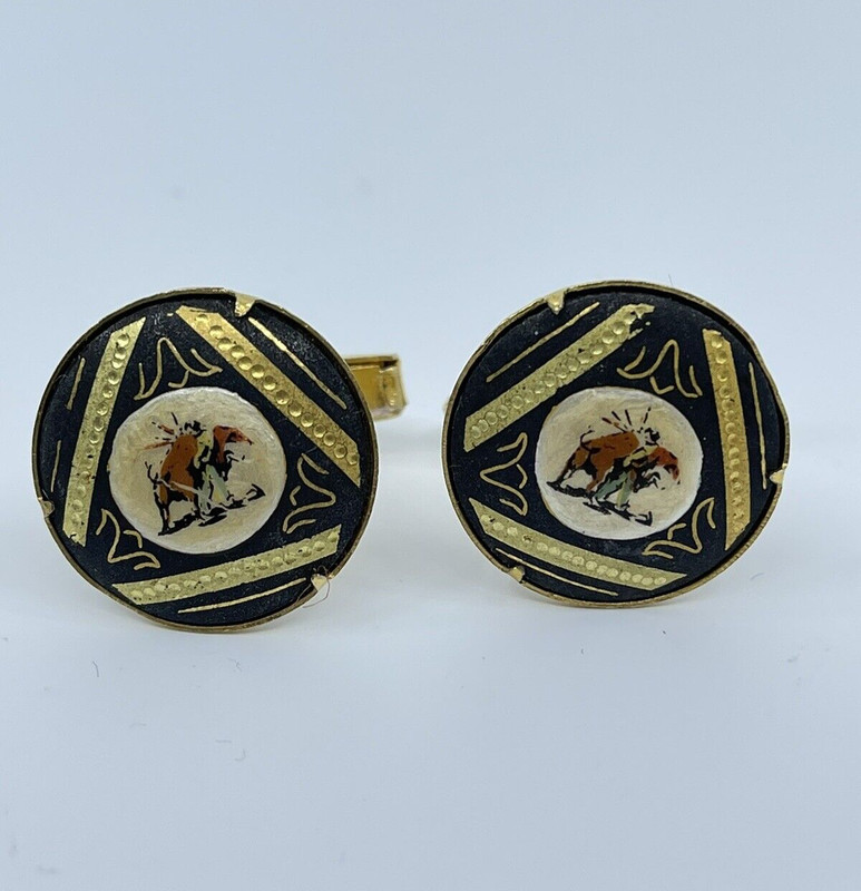 Vintage Damascene Matador swivel cufflinks round black enamel gold tone 7/8″
