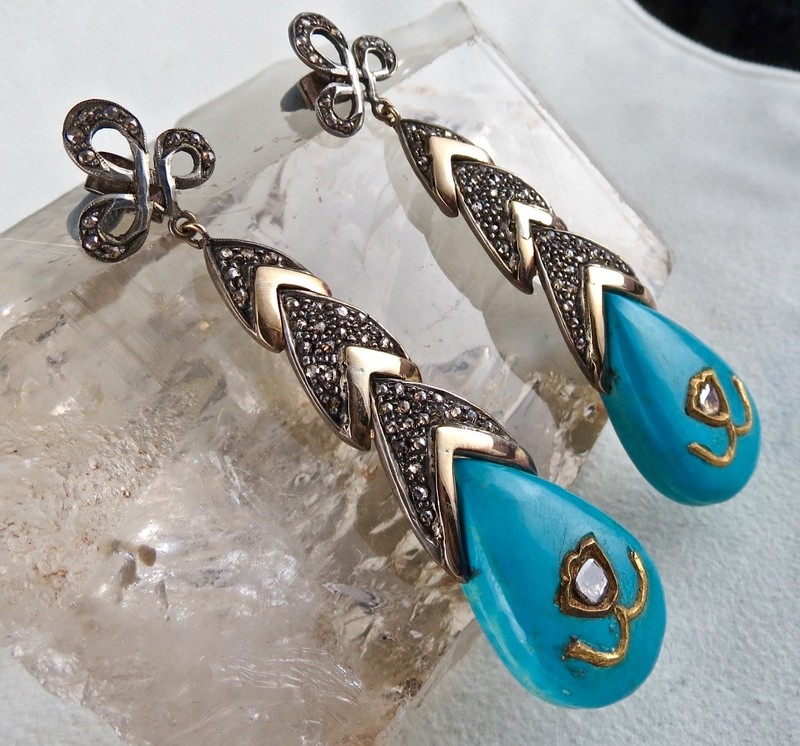Certified Natural Diamond Turquoise 18k Gold 925 Sterling Silver Earrings 10ct gallery