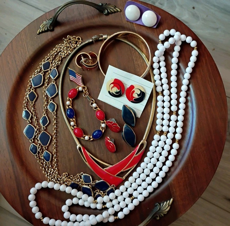Patriotic VTG Grandmas Jewelry Lot Enamel Red White Blue Necklace-Brclts-Earrngs gallery