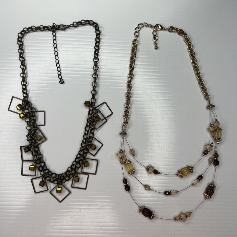 H3 Lot Brass Gold Chains Layered Beaded Bib Crystals Resin Retro Necklaces