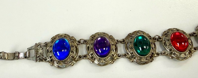 Vintage Czech Czechoslovakia Art Deco Panel Bracelet Glass Cabochon Bohemian