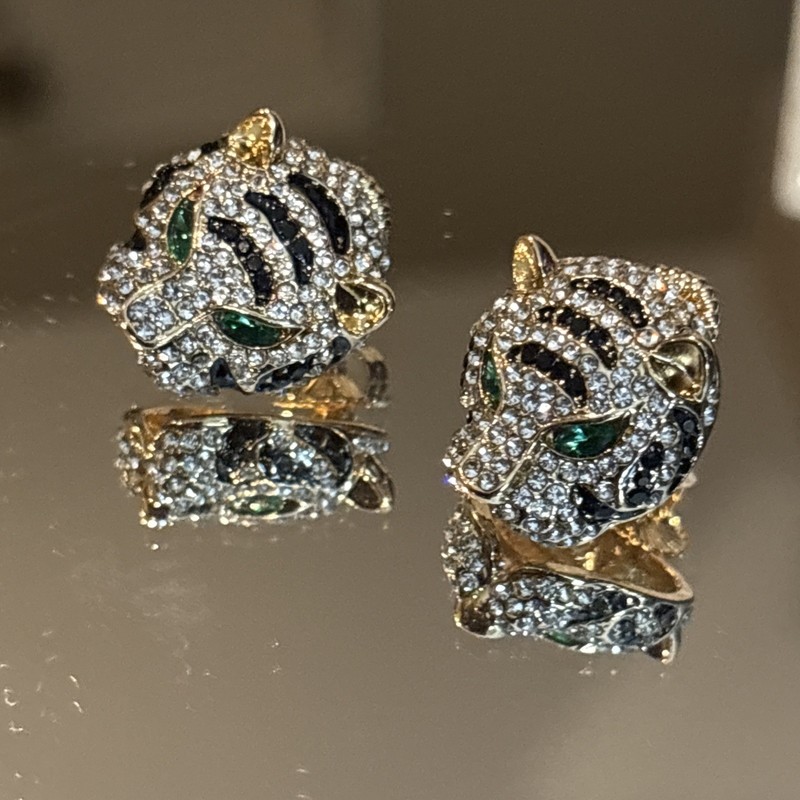 Gold Tone Tiger’s Head Earrings Black & White Rhinestone Green Eyes gallery