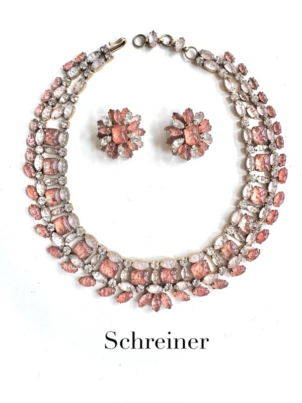 SCHREINER Pink Art Glass Collar Necklace And Earring Demi Parure Set