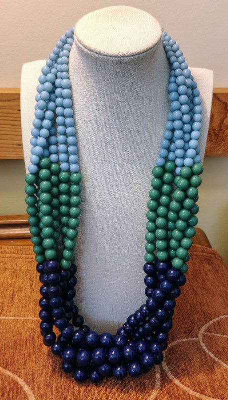 Vtg 90s Chunky Baby Blue Green Navy 6 Multi Strand Necklace 24-29″ Adjustable