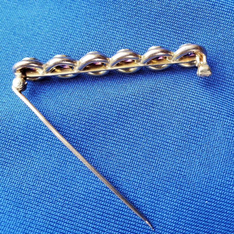 ORIGINAL Antique Amethyst DECO Brooch GATSBY era Vintage SOLID 14K GOLD Bar PIN gallery